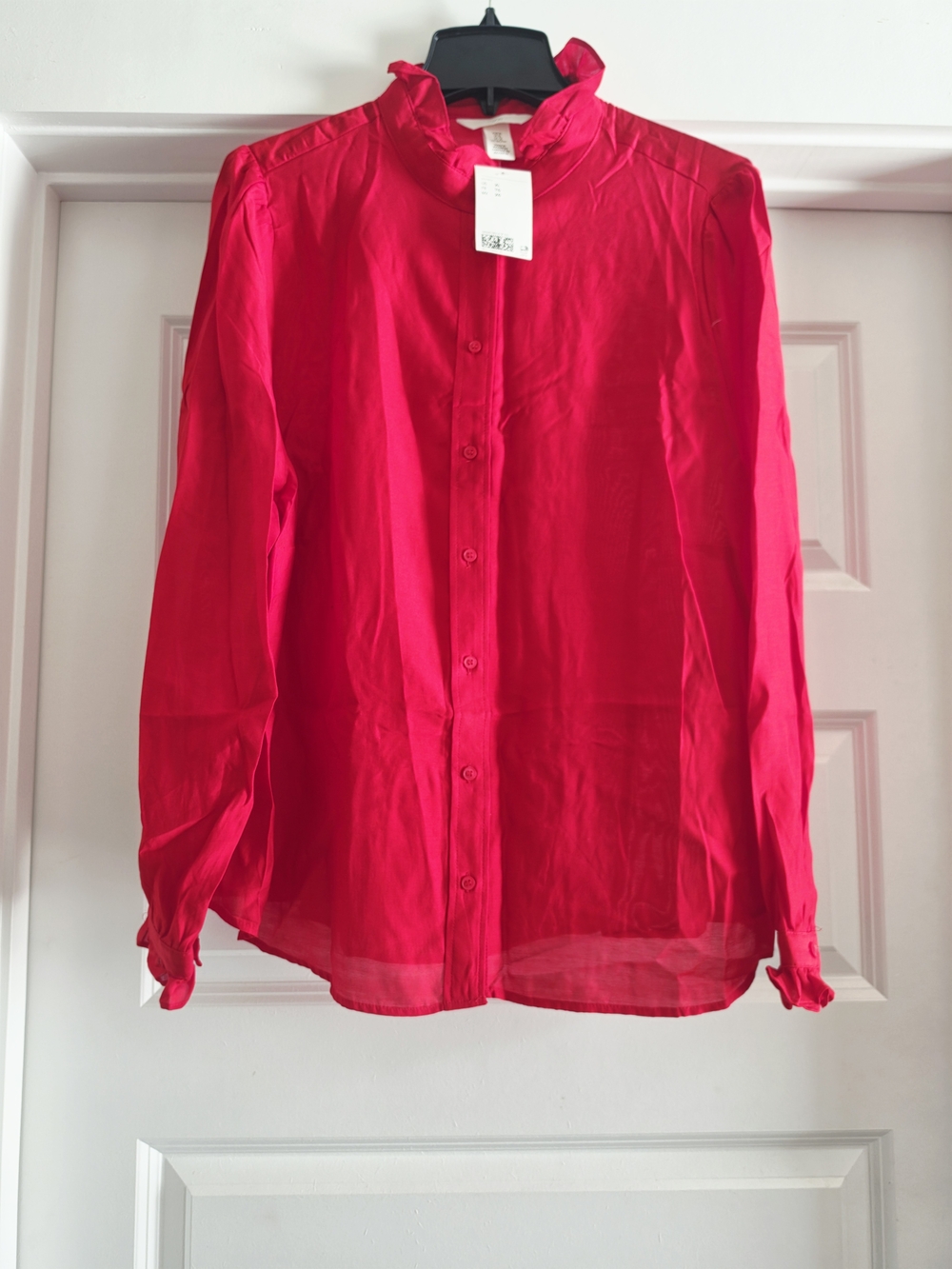 H&M Bright Red Ruffle Collar Button-Down Blouse
